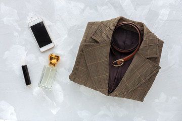 Set of accessories fashion clothes seen from above, top view