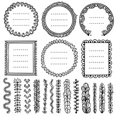 Set of black doodle frames, vignettes, and dividers for bullet journal, notebook, diary, and planner isolated on white background.