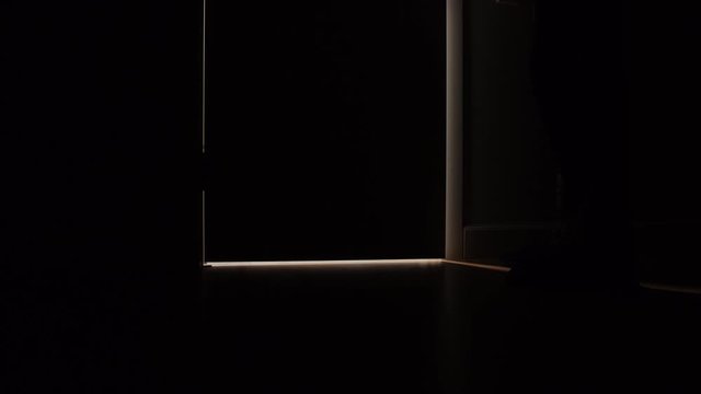 Aged man walks and open the door of the toilet in the night