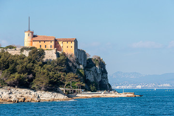 Low angle shot of the island Sainte marguerite Cannes in France, French Riviera
