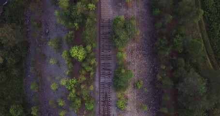 Old destroy rusty narrow gauge railways in wild abandoned forest landscapes / summer sunset - Aerial drone top down view - Powered by Adobe