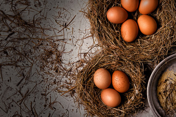 Chicken eggs in wicker nests in chicken coop top view. Natural organic eggs in the hay. Fresh chicken eggs.