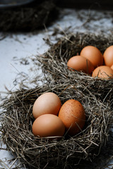 Chicken eggs in wicker nests in chicken coop top view. Natural organic eggs in the hay. Fresh chicken eggs.