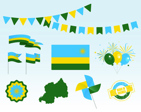 National holiday. Independence Day Rwanda set of vector design elements, Made in Rwanda. Map, flags, ribbons, turntables, sockets. Vector symbolism, set for your info graphics. July 1