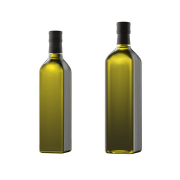 Collection of oil bottles for packshot or mockup, Marasca model 750ml,  Marasca model 500ml. framed on the corner, 3d rendering.