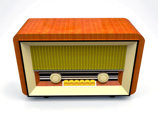 Old vintage tube radio receiver made of wood and cream plastic on a white background. Old mid-20th century radio. 3d illustration.