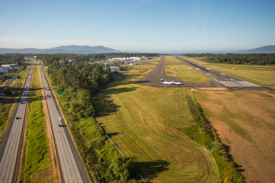High angle view of Interstate 5 and Bellingham International Airport