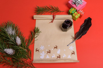 Empty letter for Santa Claus. Copy space. Red background.