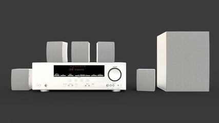 DVD receiver and home theater system with speakers and subwoofer made of aluminum. 3d illustration.