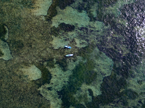 Aerial view of sup surfers