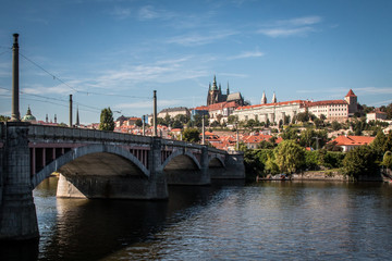 View of the city of Prague with a bridge in the foreground and the castle in the background
