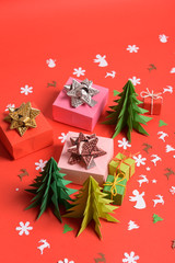 Christmas or New Year background, plain composition made of Xmas decorations and fir branches, flat lay, blank space for a greeting text