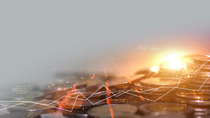 Financial investment concept, Double exposure of city night and stack of coins for finance...