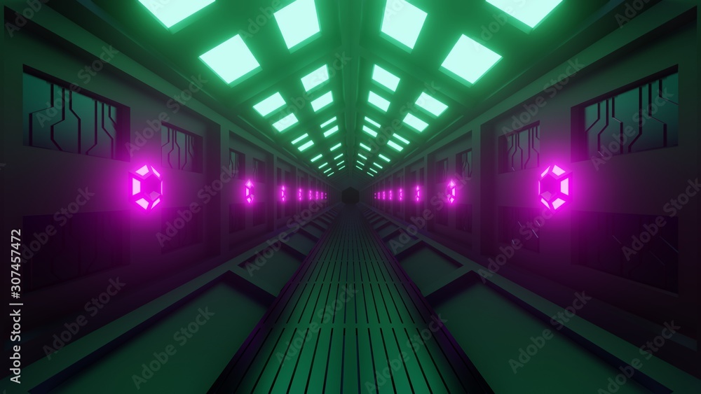 Poster futuristic hexagonal tunnel in a spacecraft with a spacewalk. soft green-purple light, lamps on the 