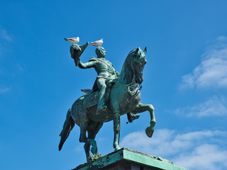 Fototapeta premium Statue of King Willem 2 with pigeons sitting on it. The Hague, Netherlands