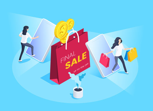 isometric vector image on a blue background, business concept, woman with shopping bags comes out of the smartphone screen, online store and shopping, final sale and online shopping