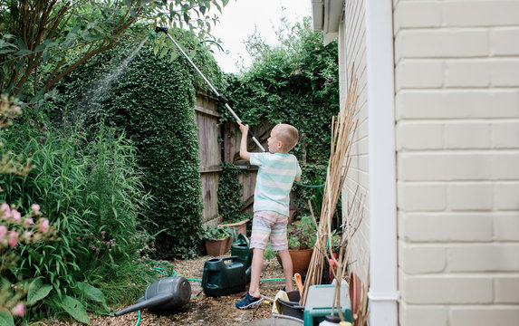 Fototapeta young boy watering his english country garden in summer