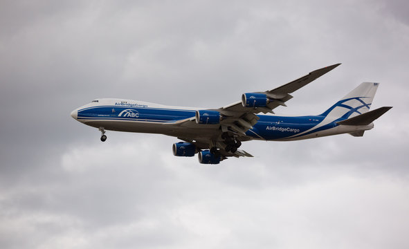 Chicago, USA - September 8, 2017: Air Bridge Cargo (ABC) Boeing 747-800 landing at O'Hare International Airport. 