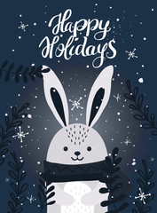 Fototapeta premium Template Christmas greeting card with a rabbit. Christmas winter vector illustration