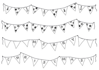 Outline Christmas pennant banner and flags set in doodle style. Pennant banner string isolated on white background. Colourful garland for the Christmas.