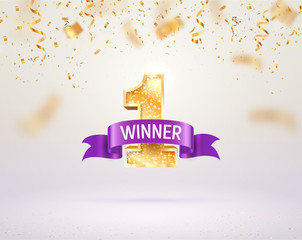 First place competition vector illustration. Template of victory in the championship. Winner golden number one with purple ribbon on falling down confetti background