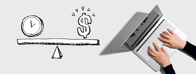 Time and money on the scale with person using a laptop computer