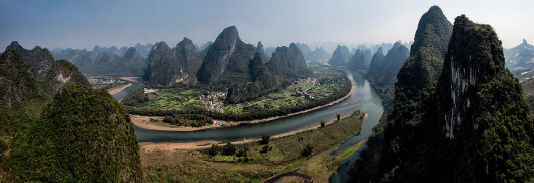 Panorama of the  mountainous landscape and river in Guilin