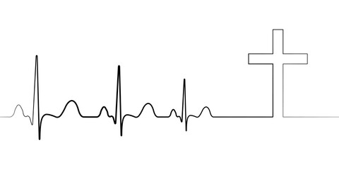 Fototapeta premium Death icon symbol cardiac arrest, vector cardiogram with cross, concept of death path to faith condolences, departure to another world