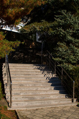 stone staircase, iron railing, Sunny day, shadows from trees