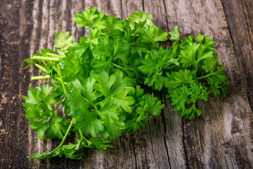 organic fresh green parsley  with wooden  background, organic food