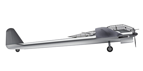 Three-dimensional model of the bomber aircraft of the second world war. Shiny aluminum body with two tails and wide wings. Turboprop engine. Shiny gray airplane on a white background. 3d illustration.