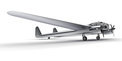 Three-dimensional model of the bomber aircraft of the second world war. Shiny aluminum body with two tails and wide wings. Turboprop engine. Shiny gray airplane on a white background. 3d illustration.