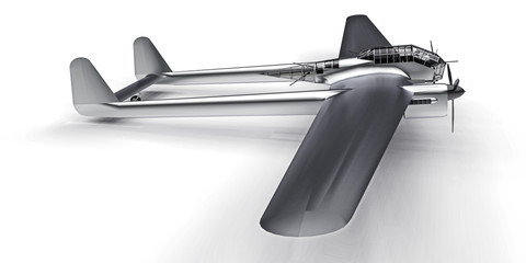 Three-dimensional model of the bomber aircraft of the second world war. Shiny aluminum body with two tails and wide wings. Turboprop engine. Shiny gray airplane on a white background. 3d illustration.