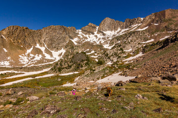 Woman is hiking with her dog in the mountains of Montana