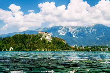Lake Bled. Slovenian Alps. Julian Alps in summer. Medieval castle and St. Martins Parish Church...