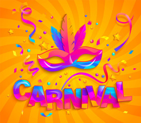 Fototapeta na wymiar Mask with feathers and confetti for fun carnival party. Traditional masque for carnaval,mardi gras, fesival,masquerade,parade.Template for design invitation,flyer poster,banners. Vector illustration.