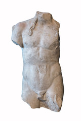 Ancient white damaged stone statue isolated on white background.