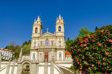 Sanctuary of Bom Jesus do Monte and staires with a flowering tree under a blue sky