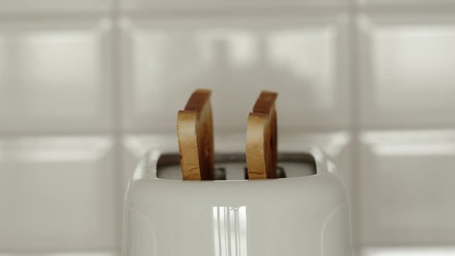 Two slices of roasted bread jump out from a white toaster - Close Up
