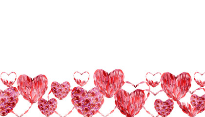 Watercolor hand painted romantic floral composition banner with heart shaped pink and red flowers and petals on the white background for saint valentine's day holiday celebration greeting cards