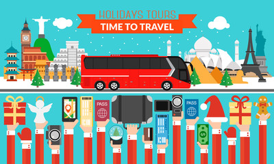 New Year Holidays World Tours design flat with red tourist bus.Vector illustration