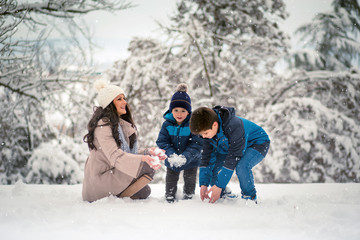 Fototapeta na wymiar Beautiful family photo of mom with her two sons enjoying winter time.