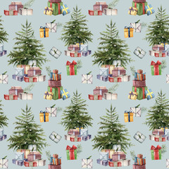 Watercolor Christmas tree seamless pattern with symbols for holiday. Hand painted multicolored gift boxes with bows isolated on blue background. Illustration for design, print, fabric or background.