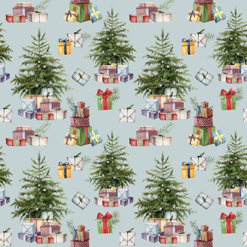 Watercolor Christmas tree seamless pattern with symbols for holiday. Hand painted multicolored gift boxes with bows isolated on blue background. Illustration for design, print, fabric or background.