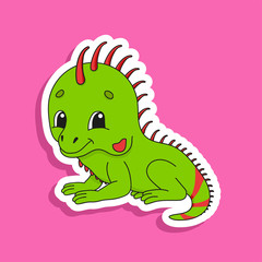Green iguana. Bright color sticker of a cute cartoon character. Flat vector illustration isolated on color background. Design element.