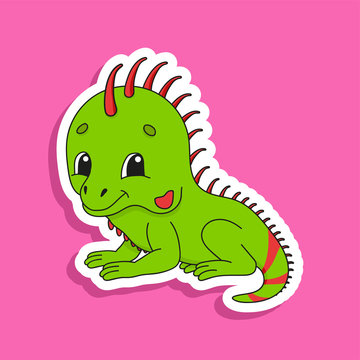 Green iguana. Bright color sticker of a cute cartoon character. Flat vector illustration isolated on color background. Design element.