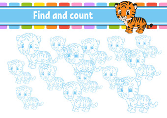 Fototapeta premium Find and count. Education developing worksheet. Activity page with pictures. Puzzle game for children. Logical thinking training. Isolated vector illustration. Funny character. Cartoon style.