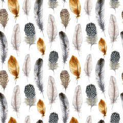 Watercolor easter bird feather seamless pattern. Hand painted orange, blue, striped and polka dot feathers isolated on white background. Wildlife illustration for design, print, fabric or background.