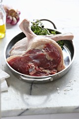 Raw duck legs. Poultry meat ready to cook on a marble cutting board.