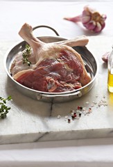 Raw duck legs. Poultry meat ready to cook on a marble cutting board.
